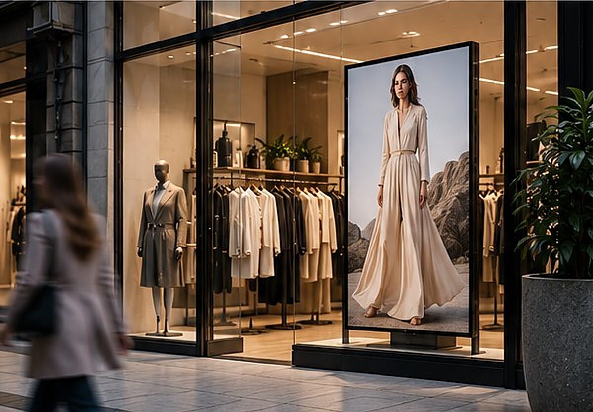 Butik med en digital skärm i skyltfönstret