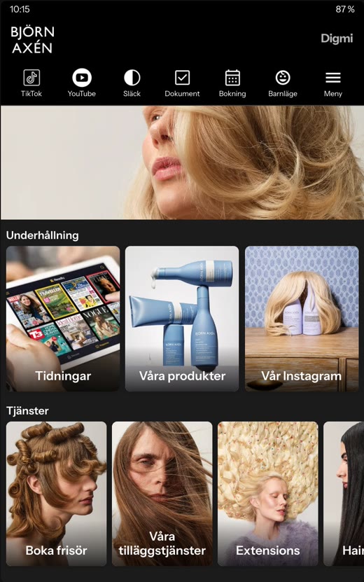Digmi Marketplace på en surfplatta: salongens egen startsida med rutor