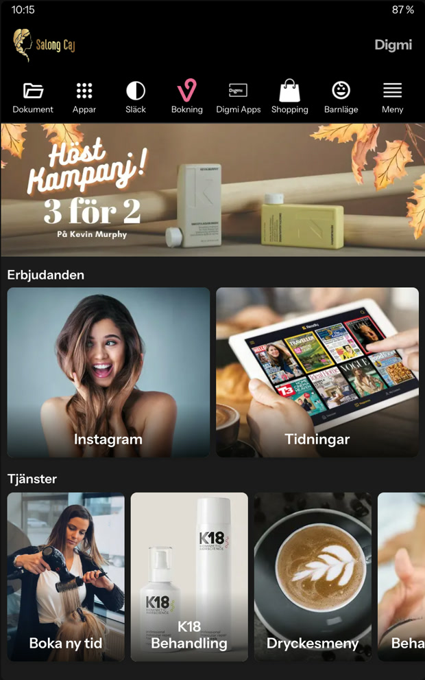Digmi Marketplace på plattan hos Salong Caj: startsida med erbjudanden och tjänster